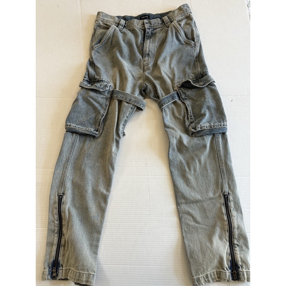 Standard Cloth Blue Denim Baggy Cargo Pocket Jeans Mens Casual Straight Size 32